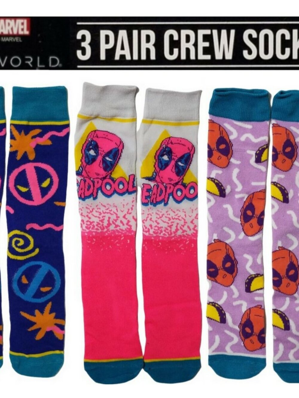 Marvel Deadpool Men's Crew Socks 3 Pair Pack Novelty Graphic Shoe Size 8-12 NIB